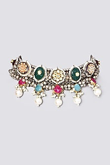 Oxidised Kundan Polki & Semi-Precious Stone Meenakari Choker Necklace