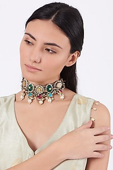 Oxidised Kundan Polki & Semi-Precious Stone Meenakari Choker Necklace