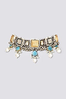 Oxidised Kundan Polki & Semi-Precious Stone Meenakari Choker Necklace