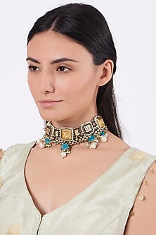Oxidised Kundan Polki & Semi-Precious Stone Meenakari Choker Necklace