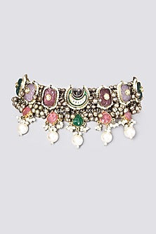 Oxidised Kundan Polki & Semi-Precious Stone Meenakari Choker Necklace