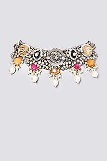 Oxidised Kundan Polki & Semi-Precious Stone Meenakari Choker Necklace