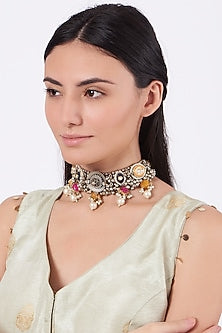 Oxidised Kundan Polki & Semi-Precious Stone Meenakari Choker Necklace