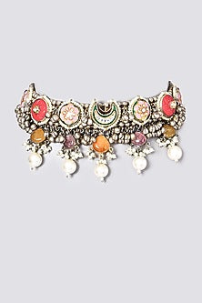 Oxidised Kundan Polki & Semi-Precious Stone Meenakari Choker Necklace