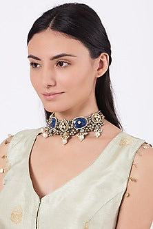 Oxidised Kundan Polki & Semi Precious Stone Meenakari Choker Necklace