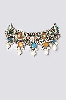 Oxidised Kundan Polki Meenakari Choker Necklace