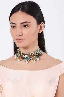 Oxidised Kundan Polki Meenakari Choker Necklace