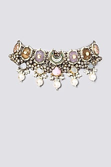 Oxidised Kundan Polki & Semi Precious Stone Meenakari Choker Necklace