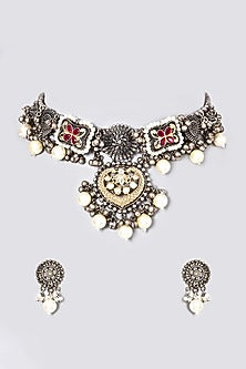 Oxidised Pearl & Kundan Polki Choker Necklace Set