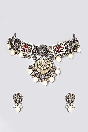 Oxidised Pearl & Kundan Polki Choker Necklace Set