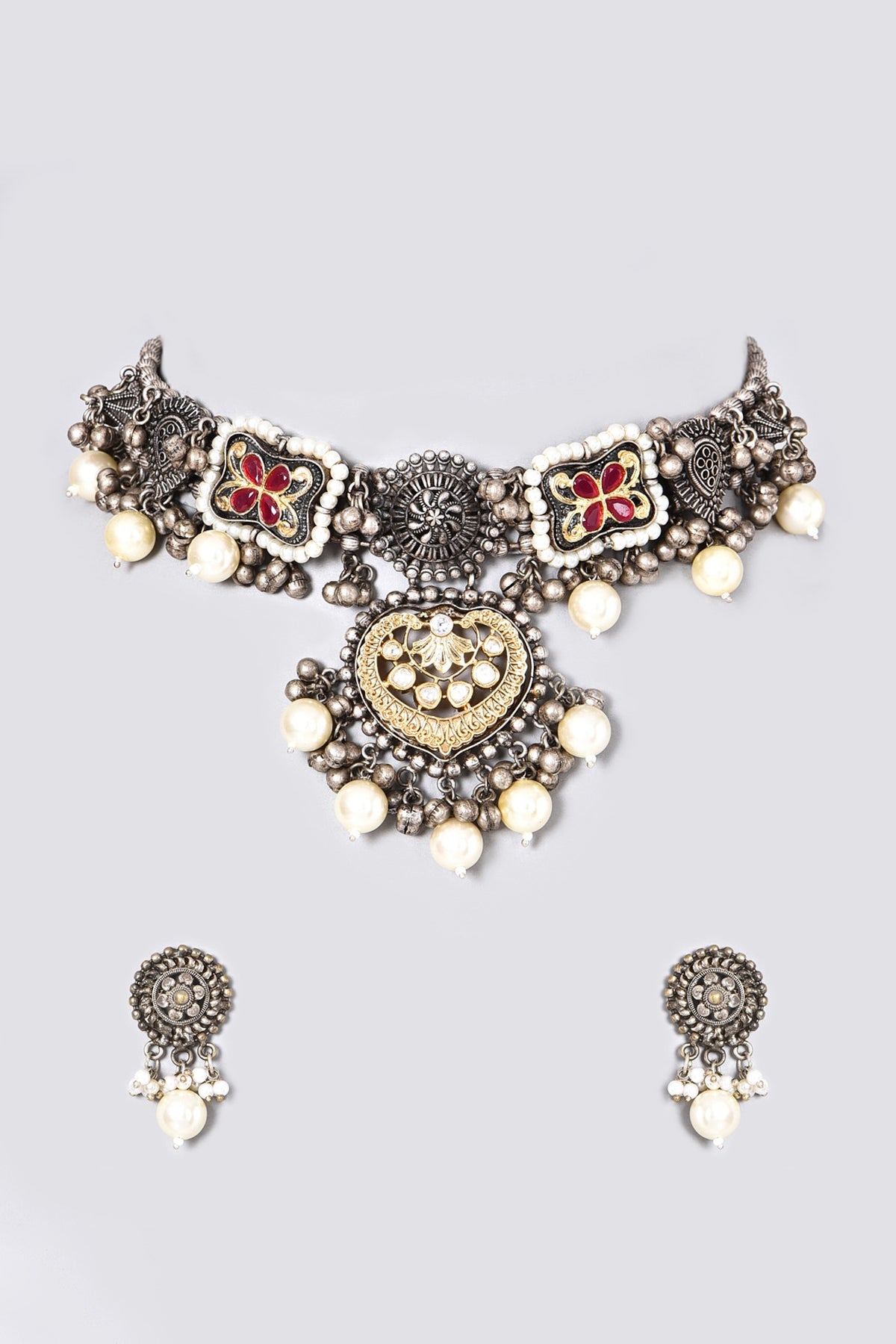 Oxidised Pearl & Kundan Polki Choker Necklace Set