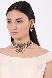 Oxidised Pearl & Kundan Polki Choker Necklace Set