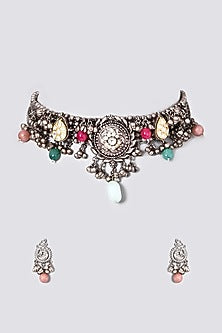 Oxidised Pearl & Kundan Polki Choker Necklace Set