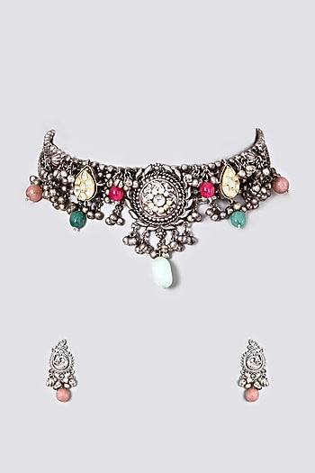 Oxidised Pearl & Kundan Polki Choker Necklace Set