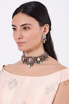 Oxidised Pearl & Kundan Polki Choker Necklace Set