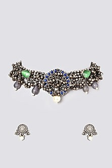 Oxidised Kundan Polki & Pearl Choker Necklace Set