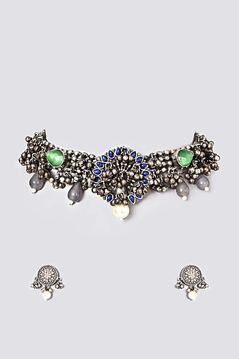 Oxidised Kundan Polki & Pearl Choker Necklace Set