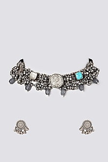 Oxidised Kundan Polki & Pearl Choker Necklace Set