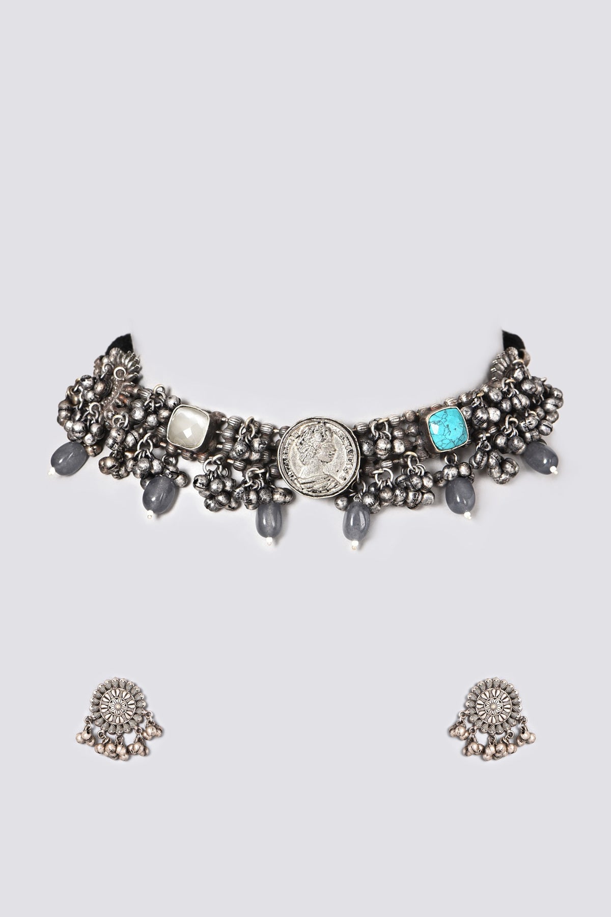 Oxidised Kundan Polki & Pearl Choker Necklace Set