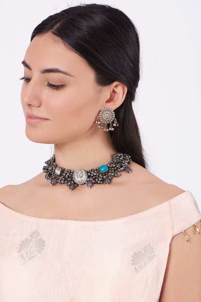 Oxidised Kundan Polki & Pearl Choker Necklace Set