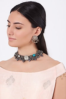 Oxidised Kundan Polki & Pearl Choker Necklace Set