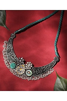 Two Tone Finish Kundan Polki & Pearl Choker Necklace In Sterling Silver