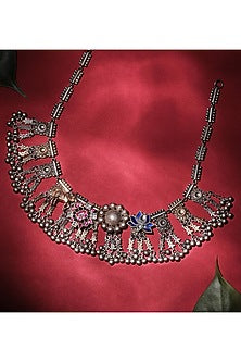 Two Tone Finish Kundan Polki & Pearl Necklace In Sterling Silver