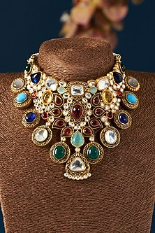 Gold Finish Kundan Polki 7 Navratna Stone Choker Necklace Set