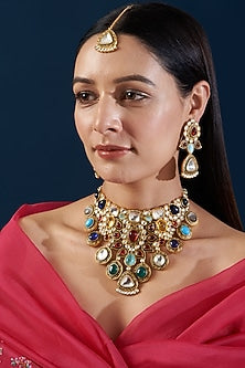 Gold Finish Kundan Polki 7 Navratna Stone Choker Necklace Set