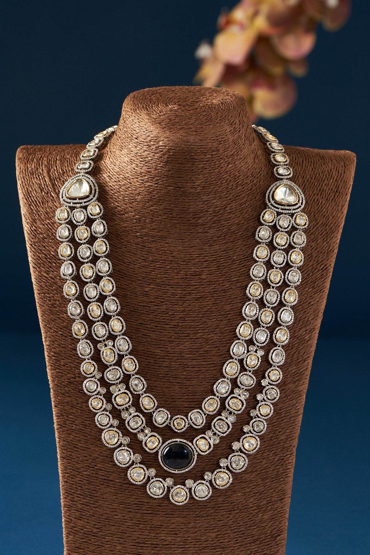 Gold Finish Kundan Polki Layered Necklace Set