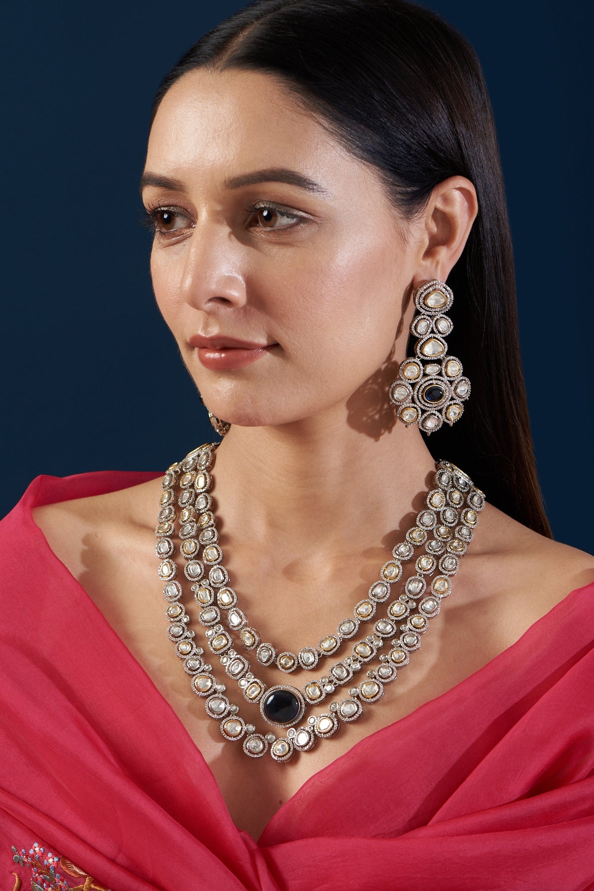 Gold Finish Kundan Polki Layered Necklace Set
