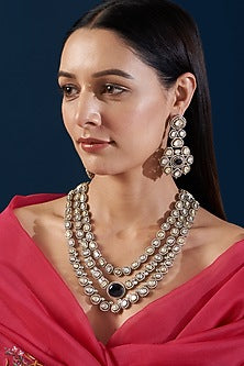 Gold Finish Kundan Polki Layered Necklace Set