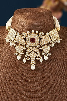 Gold Plated Kundan Polki & Motif Choker Necklace Set