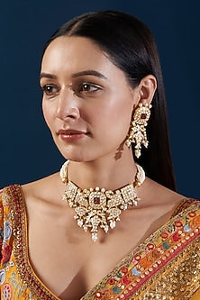 Gold Plated Kundan Polki & Motif Choker Necklace Set
