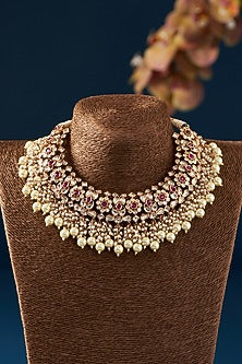 Gold Finish Kundan Polki & Pearl Necklace Set