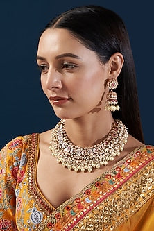 Gold Finish Kundan Polki & Pearl Necklace Set