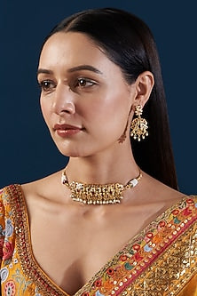 Gold Plated Kundan Polki & Jadau Stone Choker Necklace Set