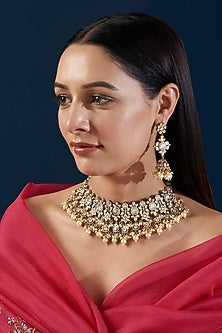 Black Rhodium Finish Kundan Polki & Pearl Necklace Set