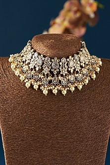 Black Rhodium Finish Kundan Polki & Pearl Necklace Set