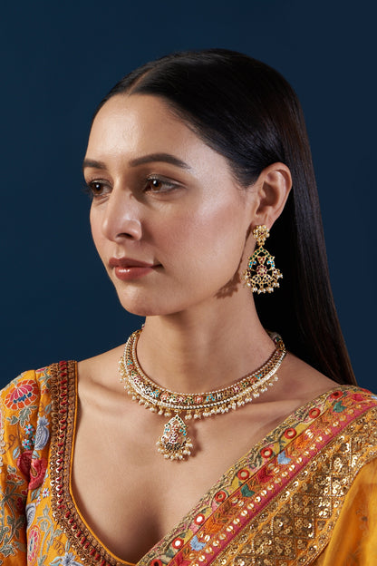 Gold Plated Kundan Polki & Jadau Stone Necklace Set