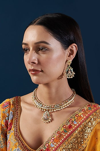 Gold Plated Kundan Polki & Jadau Stone Necklace Set