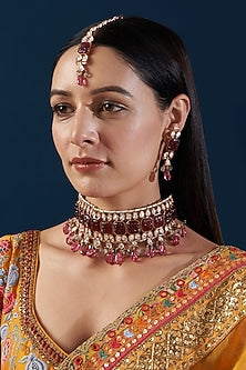 Gold Finish Kundan Polki & Ruby Choker Necklace Set