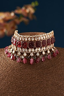 Gold Finish Kundan Polki & Ruby Choker Necklace Set