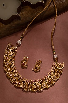 Gold Finish Pink Stone Traditional Necklace Set