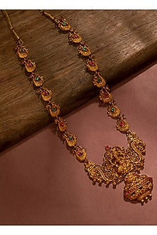 Gold Finish Synthetic Stone Temple Necklace