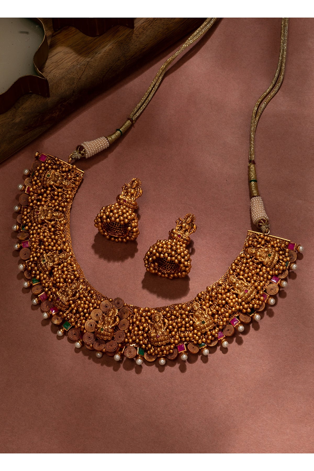 Gold Finish Pink Stone Temple Necklace Set