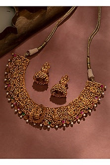 Gold Finish Pink Stone Temple Necklace Set
