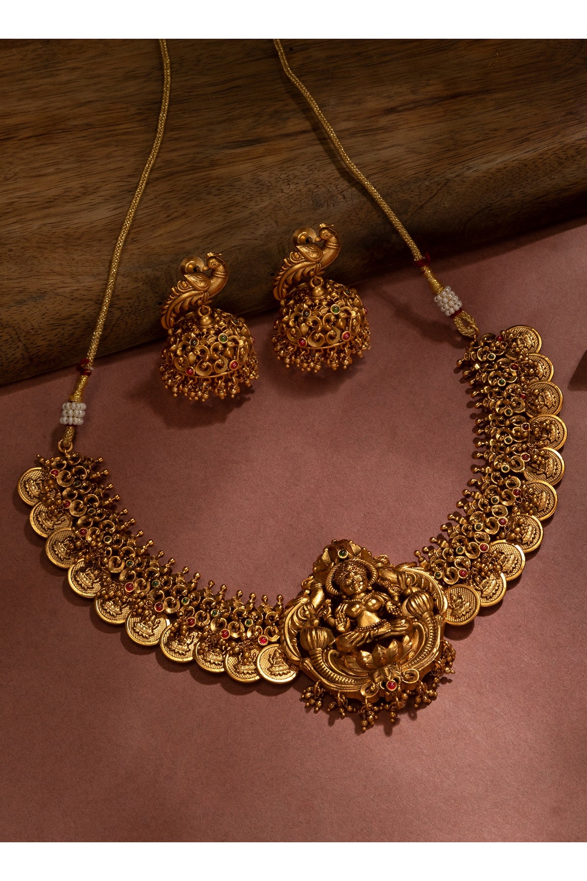 Gold Plated Synthetic Stone Traditional Coin Necklace Set