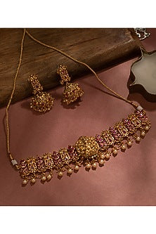 Gold Finish Synthetic Stone Temple Choker Necklace Set