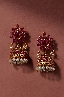 Gold Plated Synthetic Stone & Pearl Temple Jhumka Earrings
